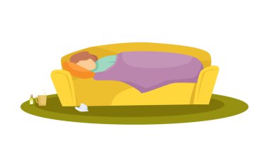 The sick girl lies on the sofa under a blanket. Flu, pandemic. Vector cartoon illustration.
