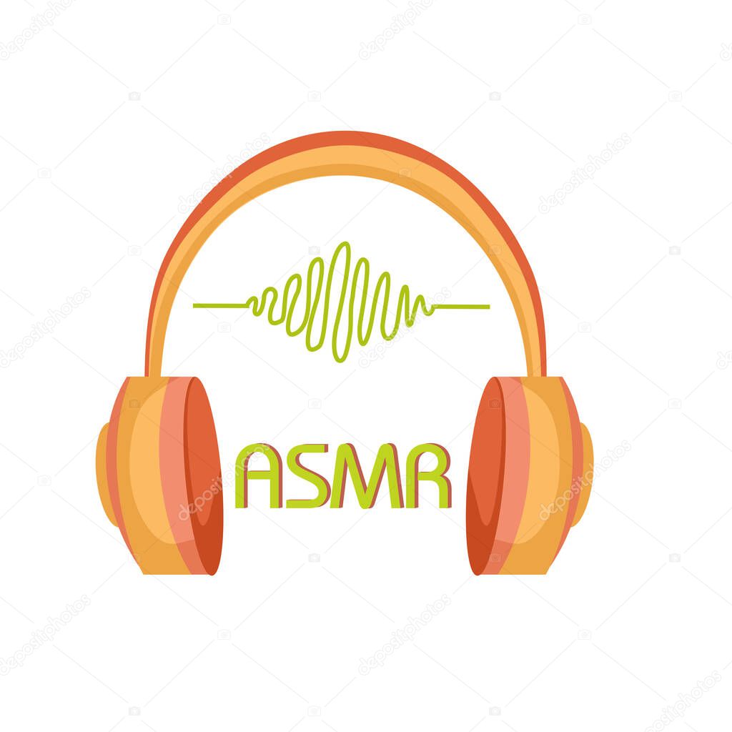 Autonomous sensory meridional response. ASMR logo. Headphones and sound schedule.Vector cartoon illustration
