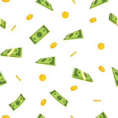 Vektör karikatür kağıt para ve altın sikkelerin kusursuz deseni.