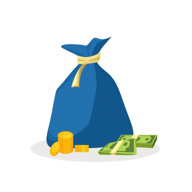 Bir çanta dolusu para. Kağıt paralar ve altın paralar. Zenginliğin sembolü. Vektör çizgi film illüstrasyonu