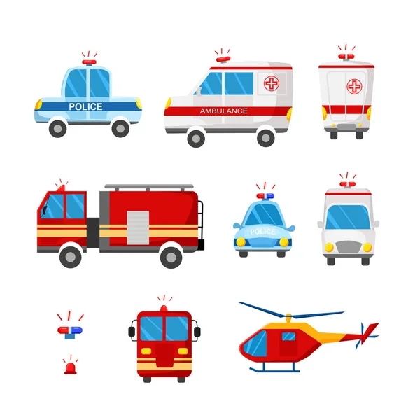 Services Urgence Illustration Vectorielle Bande Dessinée Ambulance Voiture Police Camion — Image vectorielle