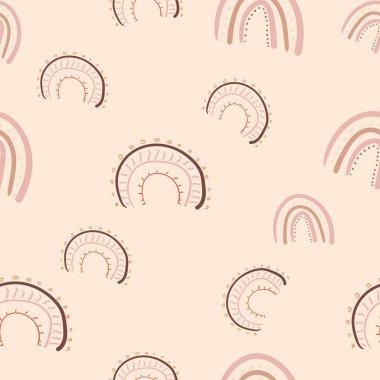 Boho tarzında gökkuşağı şeklinde, geometrik, pürüzsüz bir desen. Çizgi film tarzında vektör illüstrasyonu.