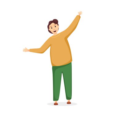 Elleri havada mutlu tombul bir adam. Çizgi film vektör illüstrasyonu