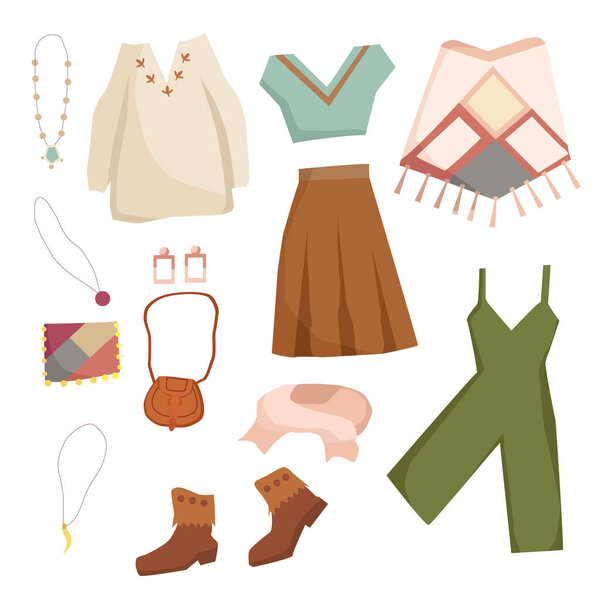 Boho style clothes, fashionable women's outfit. A set of different elements, skirt, bag, shoes, earrings, overalls. Vector cartoon illustration.