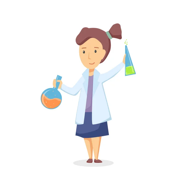 Happy Girl Doing Chemical Experiment Vector Cartoon Illustratio — Stock Vector