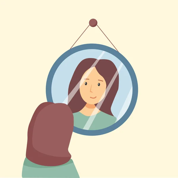 素敵な女性が鏡に映る姿を賞賛している 自分自身を愛し セルフケア 自己受容の概念 ベクトル漫画イラスト — ストックベクタ