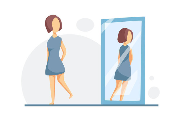 A lovely woman admires her reflection in a full-length mirror. Love yourself, self care, self acceptance concept. Vector cartoon illustration.