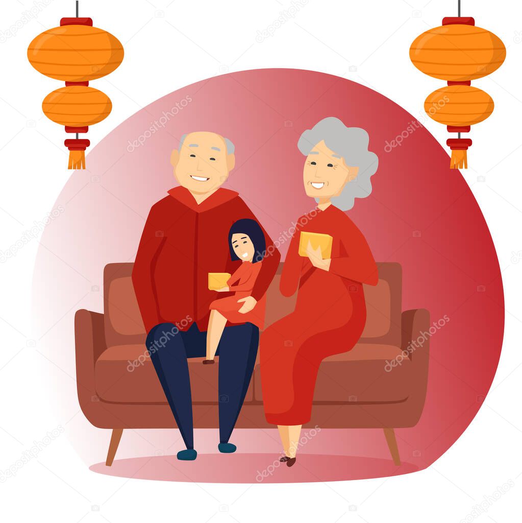 An elderly couple and a granddaughter are sitting on the sofa with gifts. Celebrating Chinese New Year