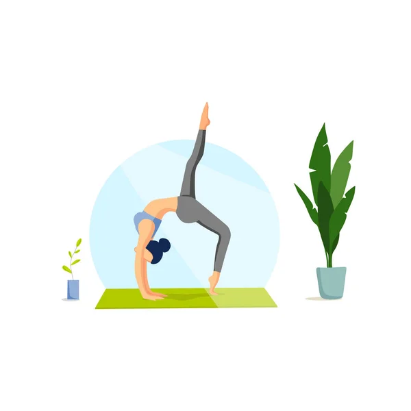 Kız Mindere Uzanmış Yoga Yapıyor Spor Egzersizleri Evde Yapılıyor Vektör — Stok Vektör