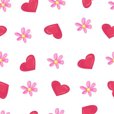 Kalpleri ve çiçekleri olan kusursuz bir desen. Aşk konsepti. Paketleme, poster, kartpostal için vektör karikatür çizimi