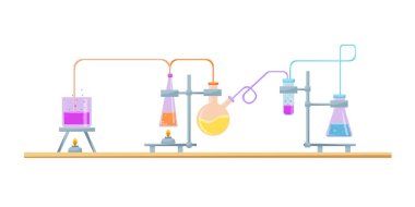 Varlıklı mataralar. Kimyasal deney. Eğitim ve bilim kavramı. Vektör karikatürü