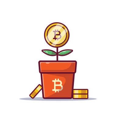 Business concept. bitcoin grow from flower pot cartoon icon illustration flat style on white background for web, landing page, sticker, banner, flier ads, advertisement