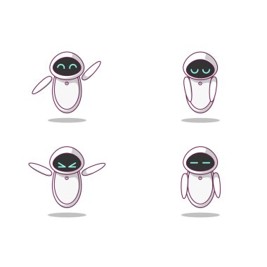 Assistant robot 4 expressions set vector icon illustration flat style on white background for web, landing page, banner, sticker, ads, advertisement, flier