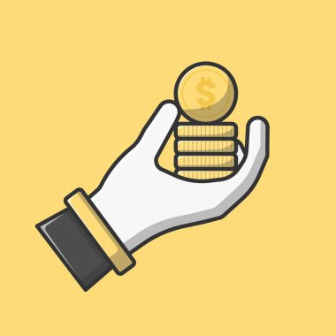Stack of Dollar Coins on Hand Vector Icon Illustration. Dollar Cash Vector. Flat Cartoon Style Suitable for Web Landing Page, Banner, Flyer, Sticker, Wallpaper, Background