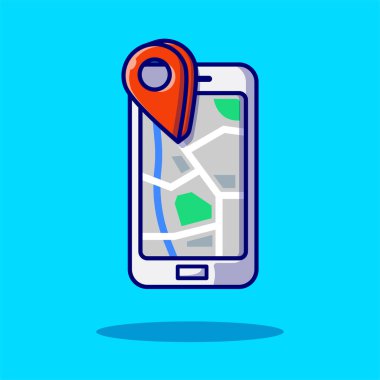 Smart phone maps screen with location icon icon flat cartoon style illustration for web, landing page, banner, flier, sticker, ads, advertisement on blue background