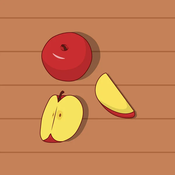 Whole Apple Sliced Apple Wood Table Vector Illustration Icon Web — Stock Vector
