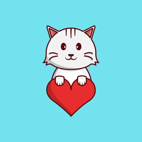 Cute Cat Holding Heart Cartoon Illustration Baby Animal Kitten Flat — Stock Vector