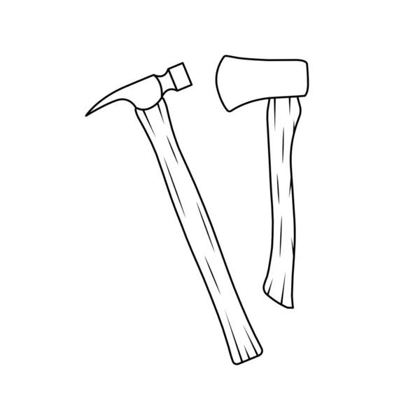 Wooden Axe Wooden Hammer Outline Icon Illustration White Background — стоковий вектор