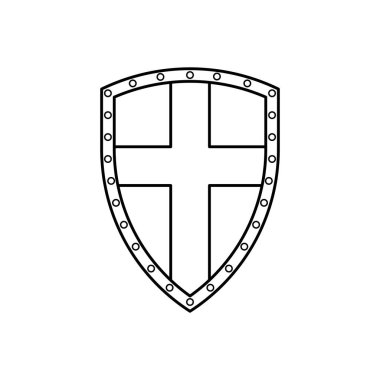 Kalkan Siyah ve Beyaz Simgesi Taslak Tarzı ile Beyaz Arkaplan Logo, Ordu, Güvenlik Simgesi İçin Uygun. İzole edilmiş