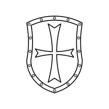 Kalkan Siyah ve Beyaz Simgesi Taslak Tarzı ile Beyaz Arkaplan Logo, Ordu, Güvenlik Simgesi İçin Uygun. İzole edilmiş