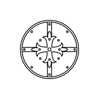 Kalkan Siyah ve Beyaz Simgesi Taslak Tarzı ile Beyaz Arkaplan Logo, Ordu, Güvenlik Simgesi İçin Uygun. İzole edilmiş