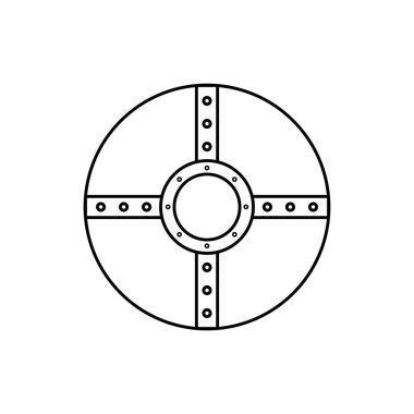 Yuvarlak Kalkan Siyah ve Beyaz Simgesi Taslak Tarzı ile Beyaz Arkaplan Logo, Ordu, Güvenlik Simgesi İçin Uygun. İzole edilmiş