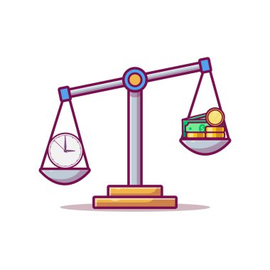 Zaman ve Para Ölçek Vektörü Simgesi İllüstrasyonu. Saat ve Dolar Bozuk Para Vektörü. Web İniş Sayfası, Bayrak, Flyer, Etiket, Duvar Kağıdı, Arkaplan İçin Düz Çizgi Film Biçimi