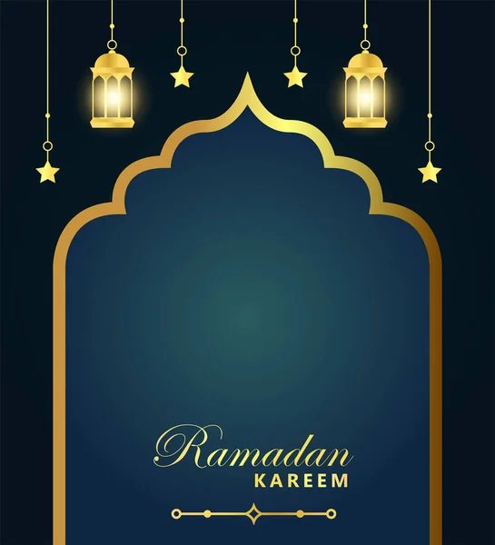 Gouden Ramadan Mubarak Banner Postersjabloon Met Kopieerruimte Verlichte Lantaarns Hang — Stockvector