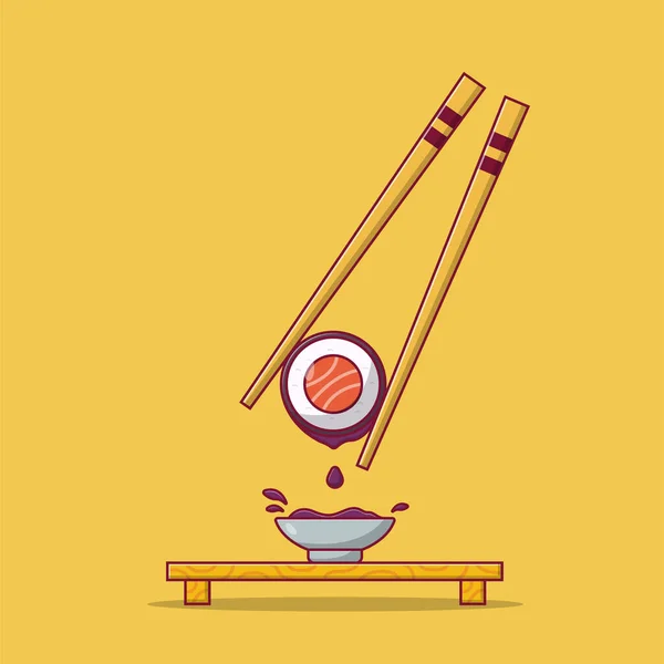 Sushi Salsa Soia Con Chopstick Vector Icon Illustration Vettore Cibo — Vettoriale Stock