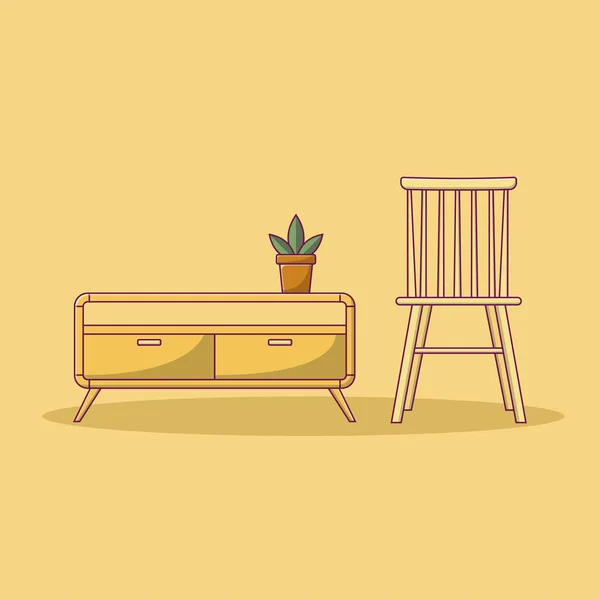 Wooden Chair Table Vector Illustration Object Interior Flat Cartoon Style — Stock Vector