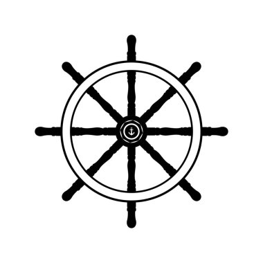 Gemi Direksiyon Silueti. İzole edilmiş Beyaz Arkaplanda Siyah ve Beyaz Simge Tasarım Elemanı