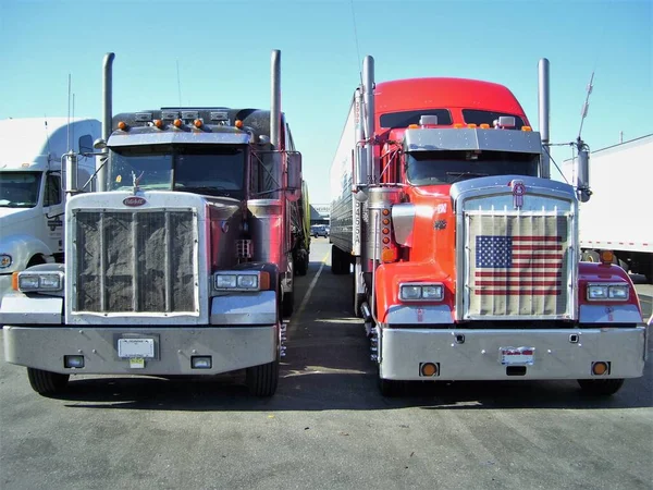 Yan yana park eden iki Amerikan kamyonu. 