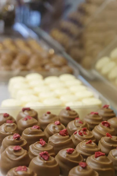 Patern Many Different Chocolate Pralines Showcase Store — Stock Photo, Image