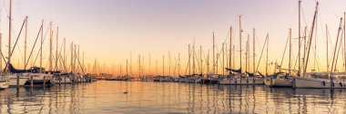 Gündoğumunda sessiz sedasız yelkenli tekneleri olan Panorama Hollanda limanı