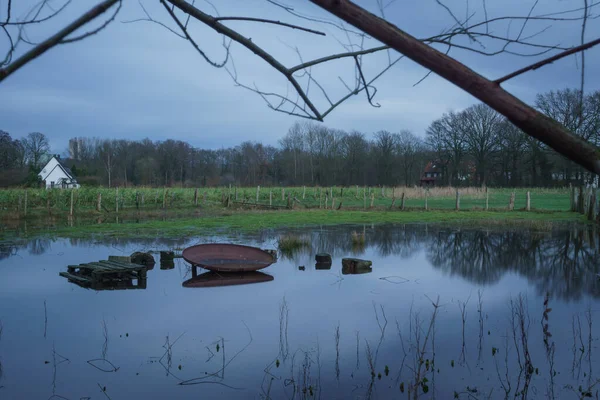 Pâturages Inondés Avec Ciel Nuageux Munsterland Allemagne — Photo