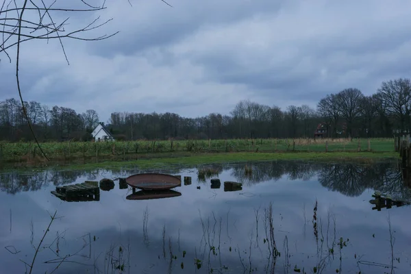 Pâturages Inondés Avec Ciel Nuageux Munsterland Allemagne — Photo