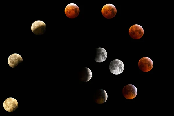 Композитне Зображення Місячного Затемнення Показує Прогресивні Фази Срібного Червоного Жовтого — стокове фото