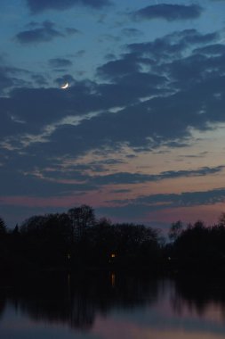 Günbatımından sonra hilal renkli bir gökyüzünde göl kıyısındaki ağaçların üzerinde