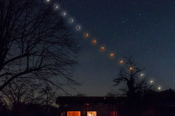 Mouvement Éclipse Lunaire Totale Sur Ciel Nocturne Janvier 2019 Dessus — Photo