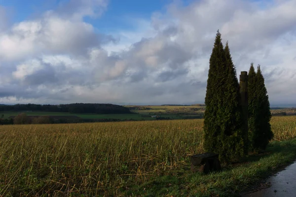 Paisagem Alemã Eifel Com Campos Banco Sentado Com Bela Vista — Fotografia de Stock