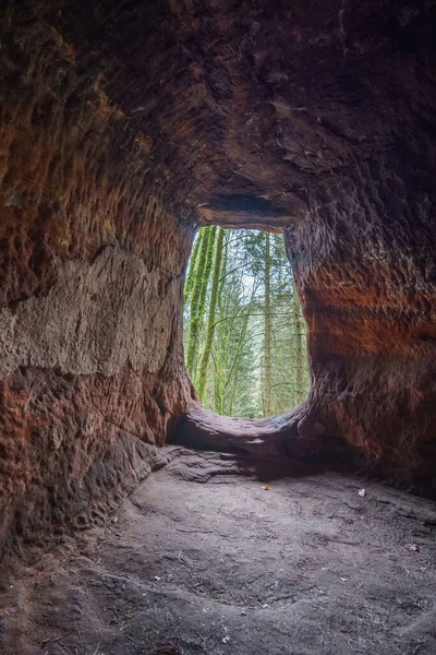 Jaskinia Rabusiów Czerwonym Piaskowcem Widokiem Las Pobliżu Trewiru Niemcy — Zdjęcie stockowe