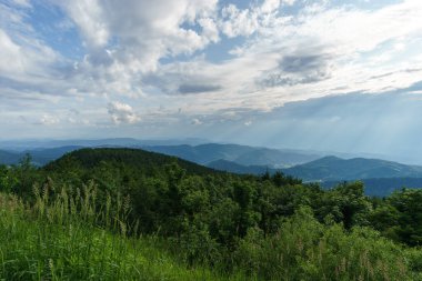 Ağaçlarla dolu tepeler bulutlu bir gökyüzünün altında Kara Orman, Almanya 'da güneş ışınları var.
