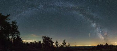 Samanyolu Panoraması Schliffkopf, Kara Orman, Almanya 'daki ağaç siluetinin üzerinde