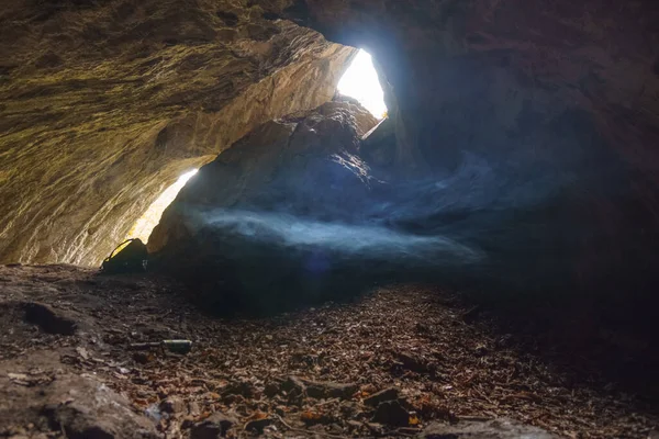Fog Cave Grosse Burghoehle Light Exit Balve Sauerland Germany — Stockfoto