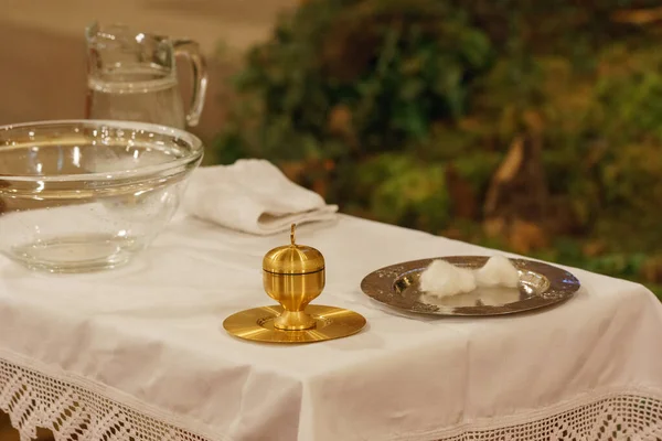 Golden Brass Cup Oil Other Utensils Ceremonial Sacrament Baptism — Stock Photo, Image