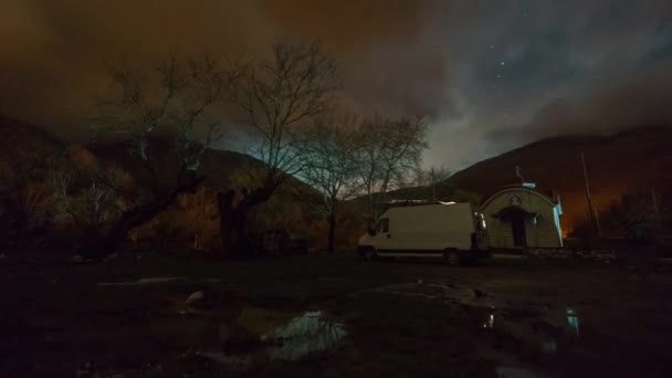 Time Lapse Thunderstorm Flashing Lightning Rain Moves Camper Van Night — стоковое видео