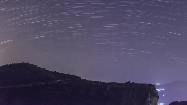 Time Lapse Startrails Moving Nightsky Silhouette Rock Monastery Holy Trinity — Stockvideo