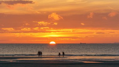 Gün batımında, Opal Coast, Wissant, Fransa sahillerinde kuzey denizinin önünde yürüyen bir grup insanın silueti.