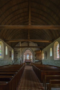 Inside Eglise Saint Quentin, a typical church of Normandy with wooden ceiling, Poses, France