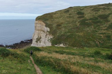 Coastal hiking trail at the cliffs of the Alabaster coast through green meadows down to the beach Plage du Fourquet, Etretat, Normandy, France